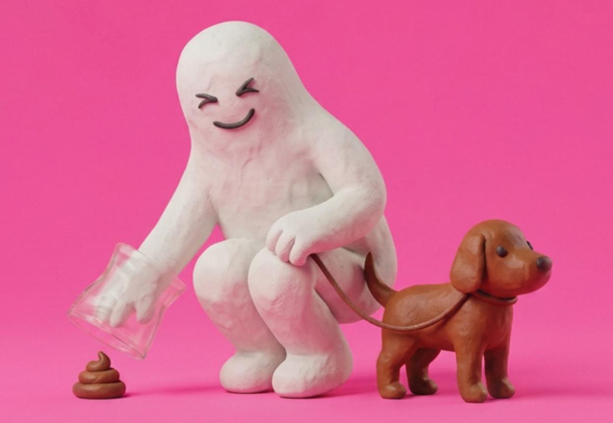 Figura de plastilina recollint l'excrement del seu gos amb una bossa